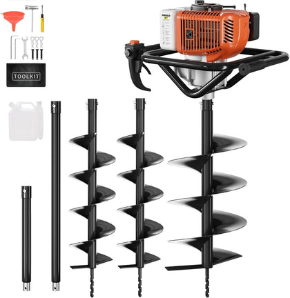 72cc Gas Powered Post Hole Digger, Earth Auger with 6" & 8" Drill Bits and 2 Extension Rods, Heavy Duty Earth Digger