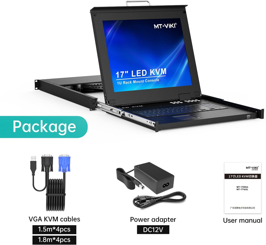 17'' Rack Mount KVM Switch VGA 8 Port, Rackmount Monitor KVM Fit 1U 19'' Rack, 600-800mm(23.6~31.8'') Depth