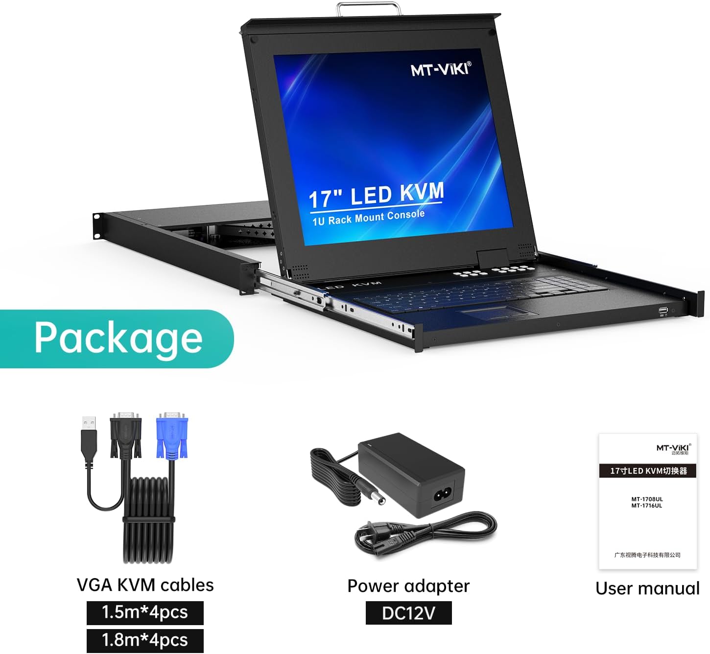17'' Rack Mount KVM Switch VGA 8 Port, Rackmount Monitor KVM Fit 1U 19'' Rack, 600-800mm(23.6~31.8'') Depth