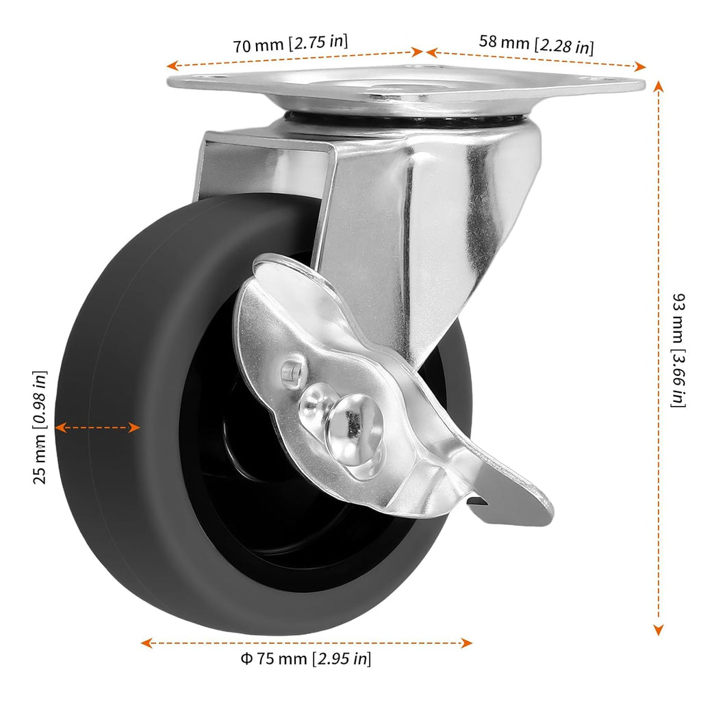 8 PCS 3 Inch Heavy Duty Caster Wheels with Side Brakes, Swivel Casters Set of 4 for Workbench and Furniture, 500LBS