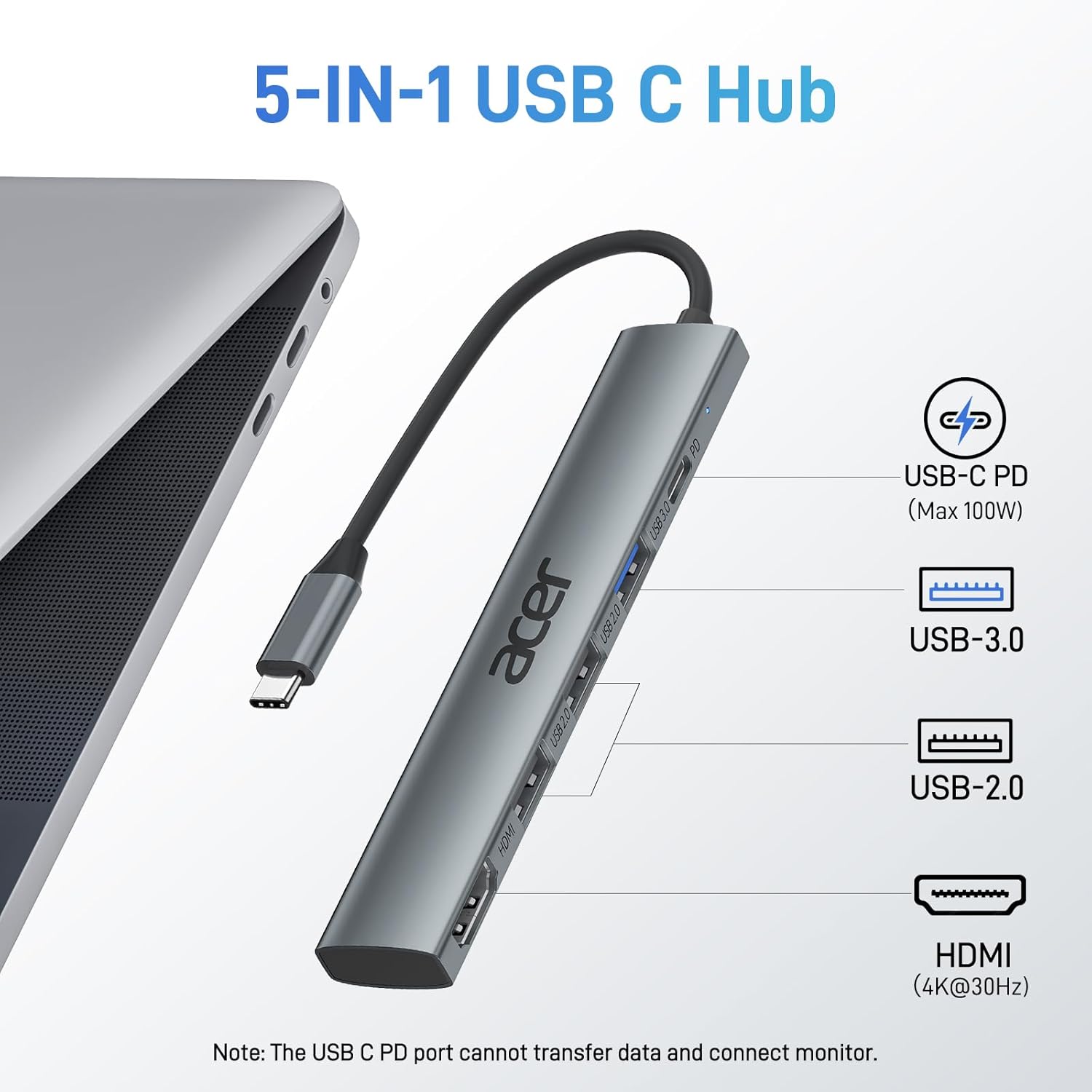 5 in 1 USB C Hub with 4K HDMI, 100W Power Delivery, 3 USB A Data Ports, USB C to HDMI Multiport Adapter for Laptop