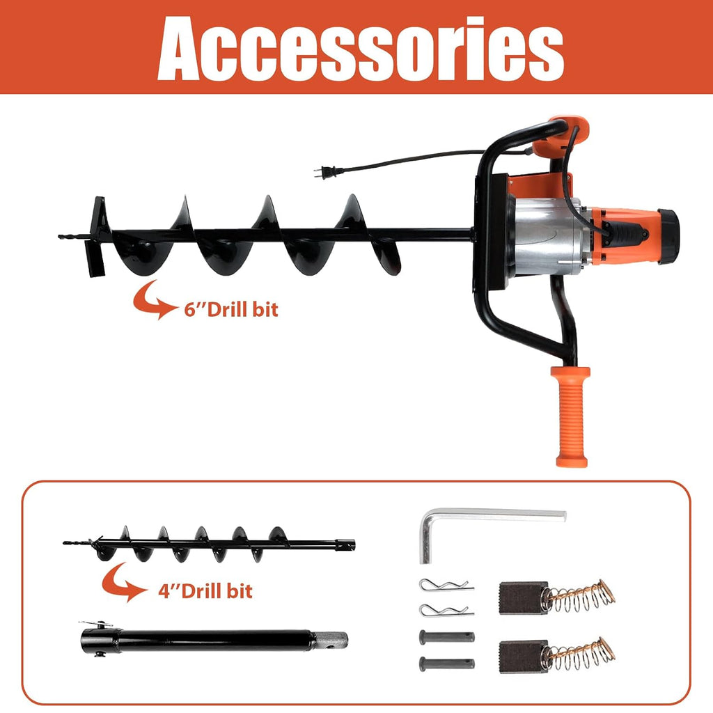 1500W Electric Post Hole Digger 6" & 4" Bits, No Bag, Orange | 110V, 1500W Motor, 200RPM, 90ft-lb, Anti-Vibration