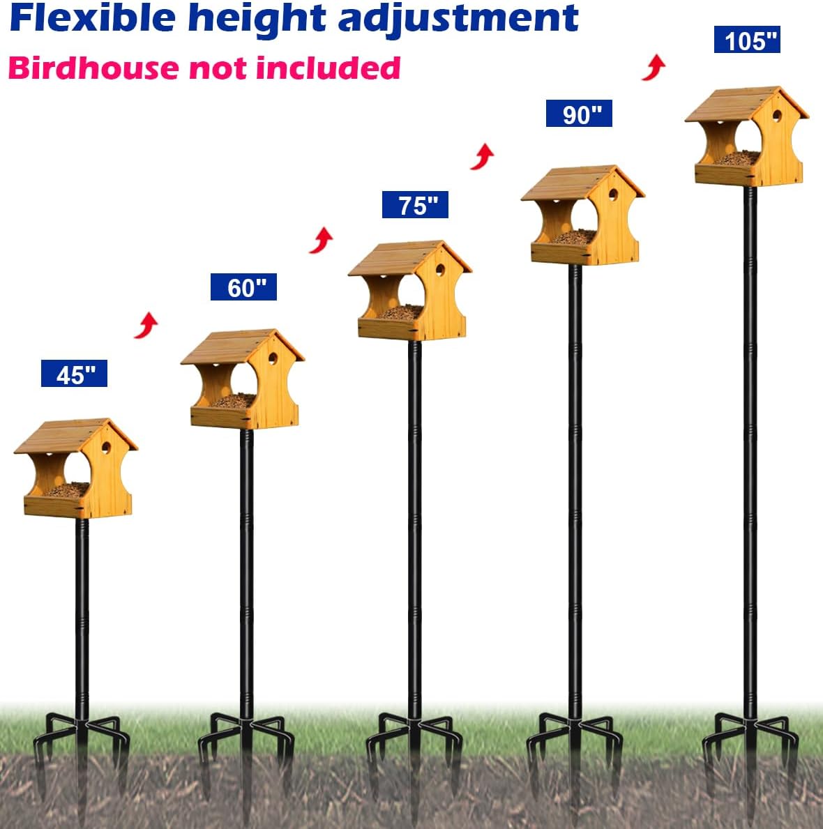 105 Inch Bird Feeder Pole Kit, Heavy Duty Bird House Pole Set with 5-Forked Base, Adjustable Universal Mounting Post
