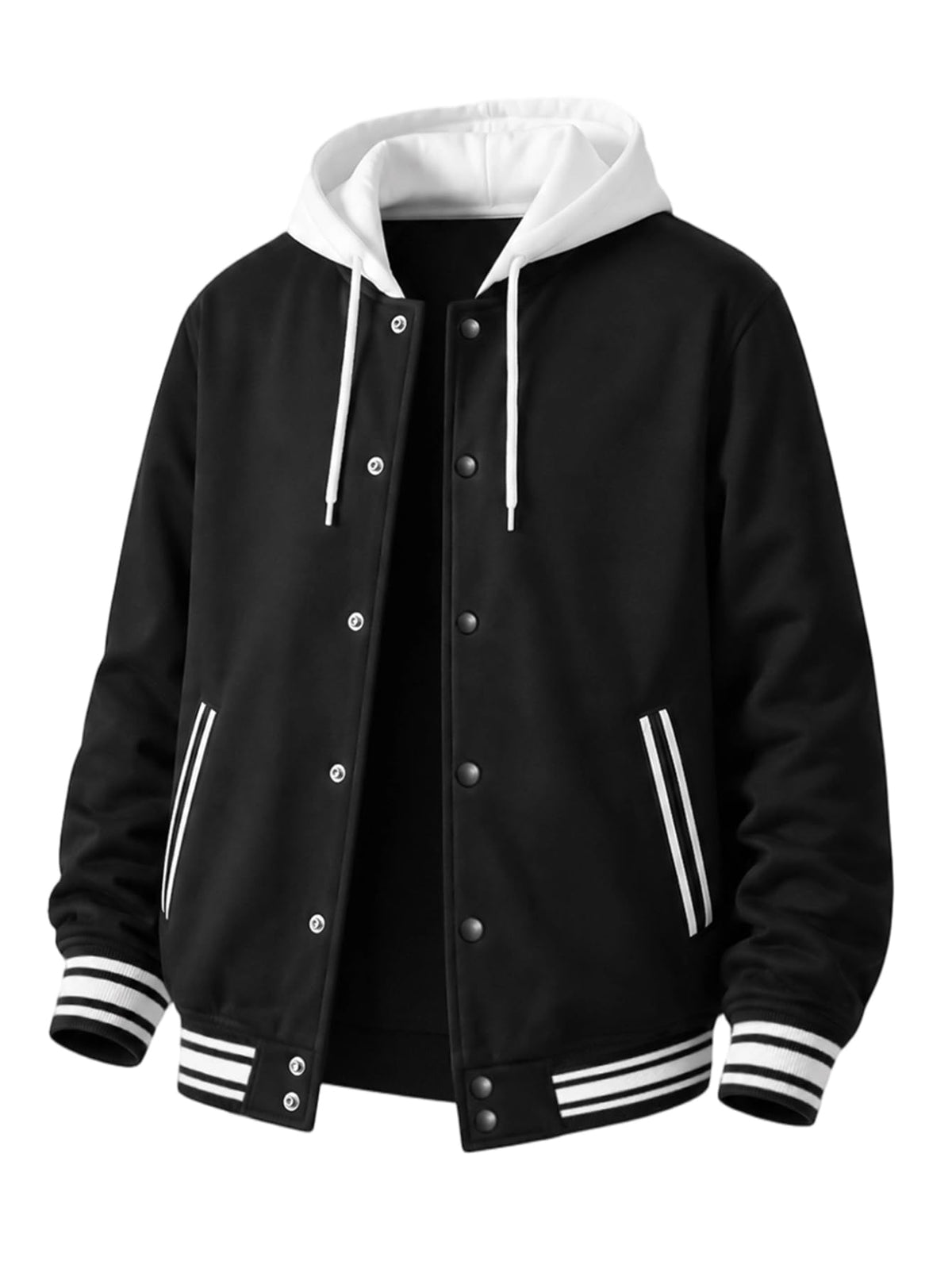 Men Varsity Jacket Hooded Sweatshirt Baseball Sports Jacket Black-M