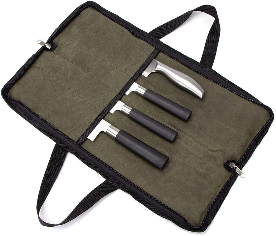 4 Slots Chefs Knife Roll Bag Cutlery Storage Case Men Army Green | Heavy duty waxed canvas pouches.Portable handles
