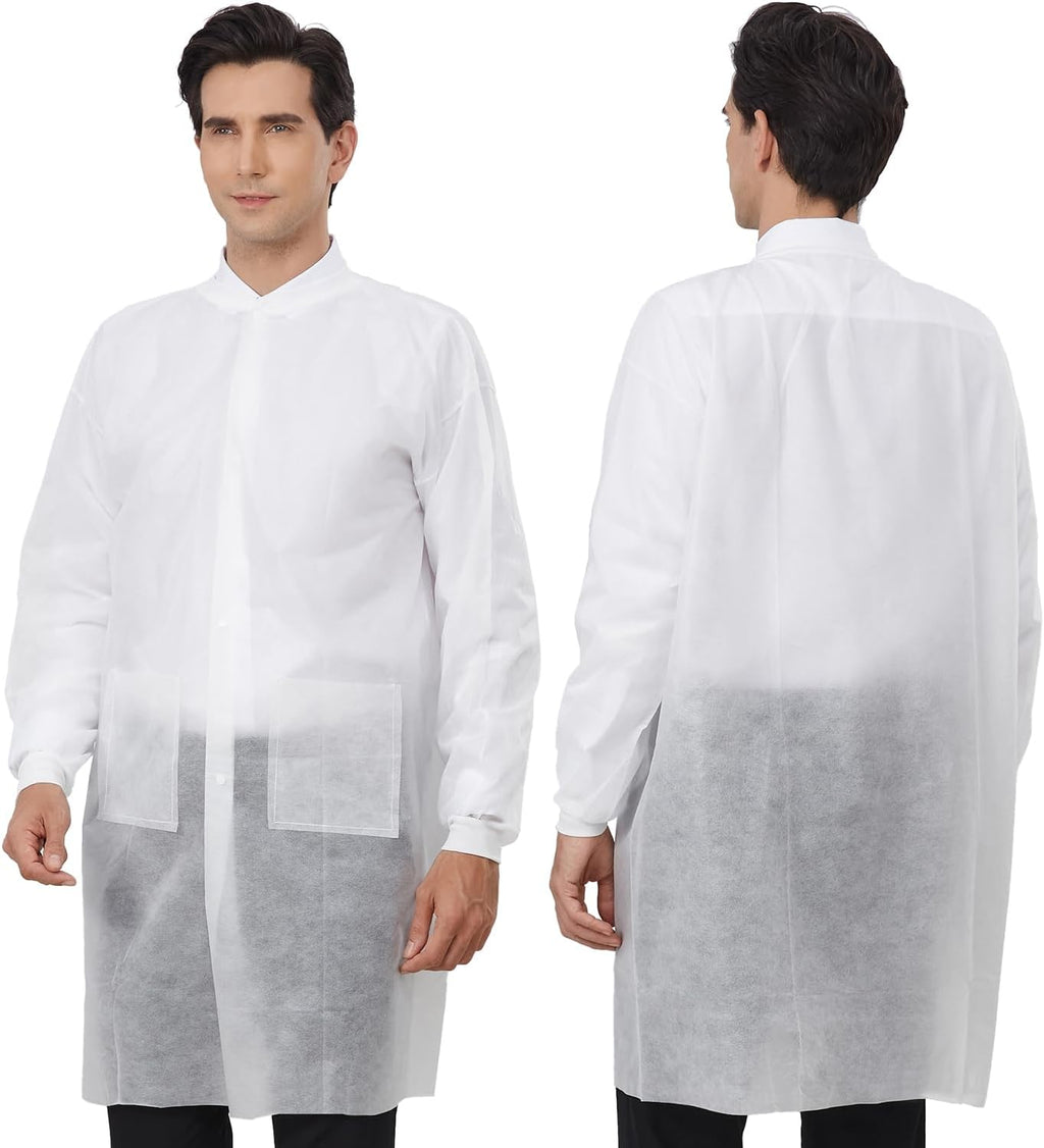 Disposable Lab Coats 10-Pack White 3 Pockets Knitted Cuffs S-2XL