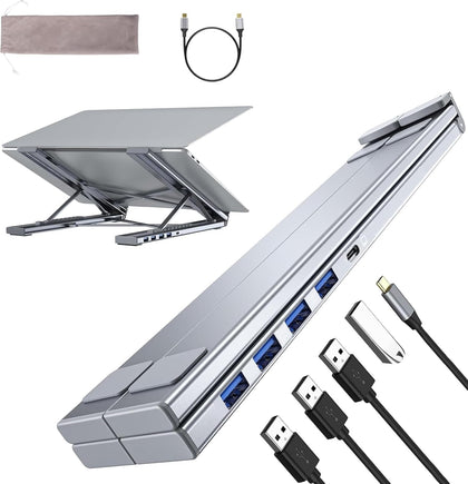 M61 USB C to USB Hub Portable Laptop Stand, Aluminum 4 Ports USB3.0 Multiport Adapter Adjustable Laptop Docking