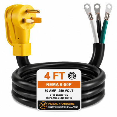 NEMA 6-50P Pigtail Power Cord STW 6AWG/3C Replacement Hardwire Cable 4FT