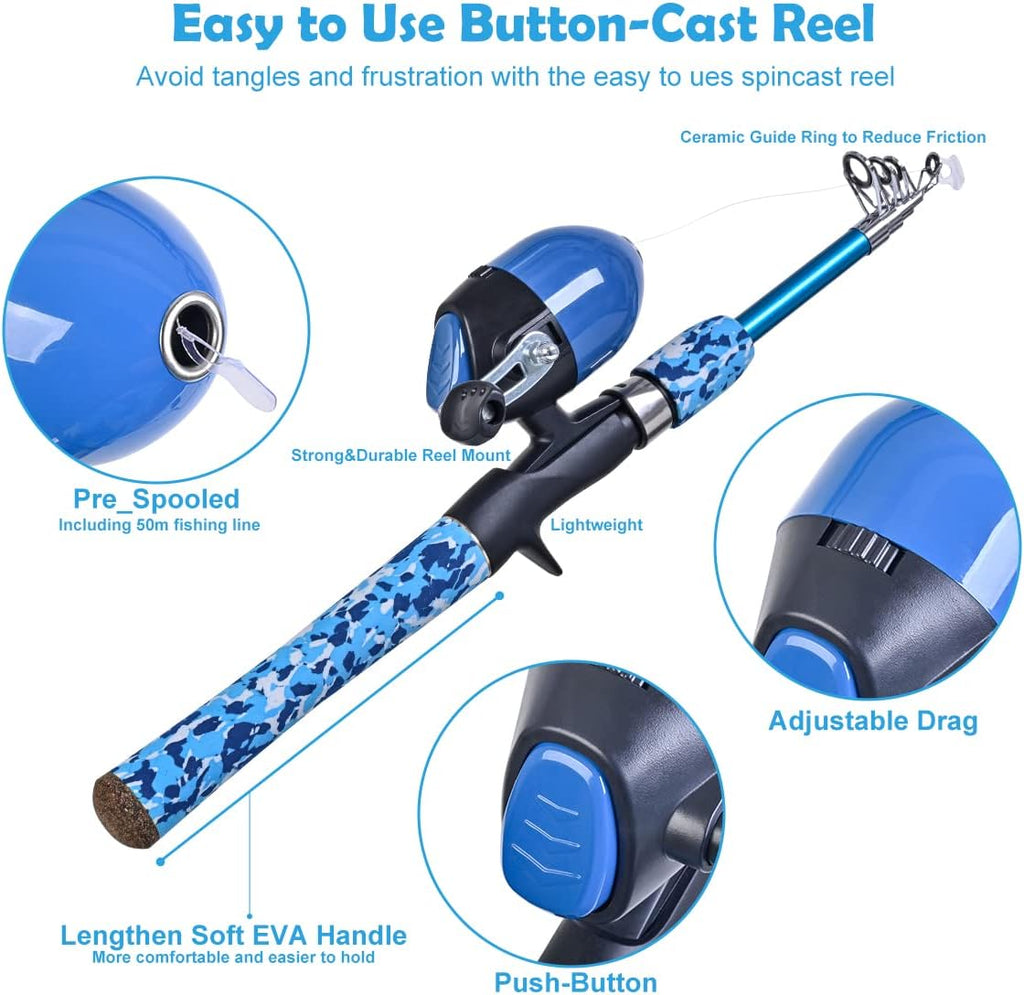 Kids Fishing Pole Set with Full Starter Kits 2 Set Portable Telescopic Fishing Rod and Spincast Reel Cambos with a