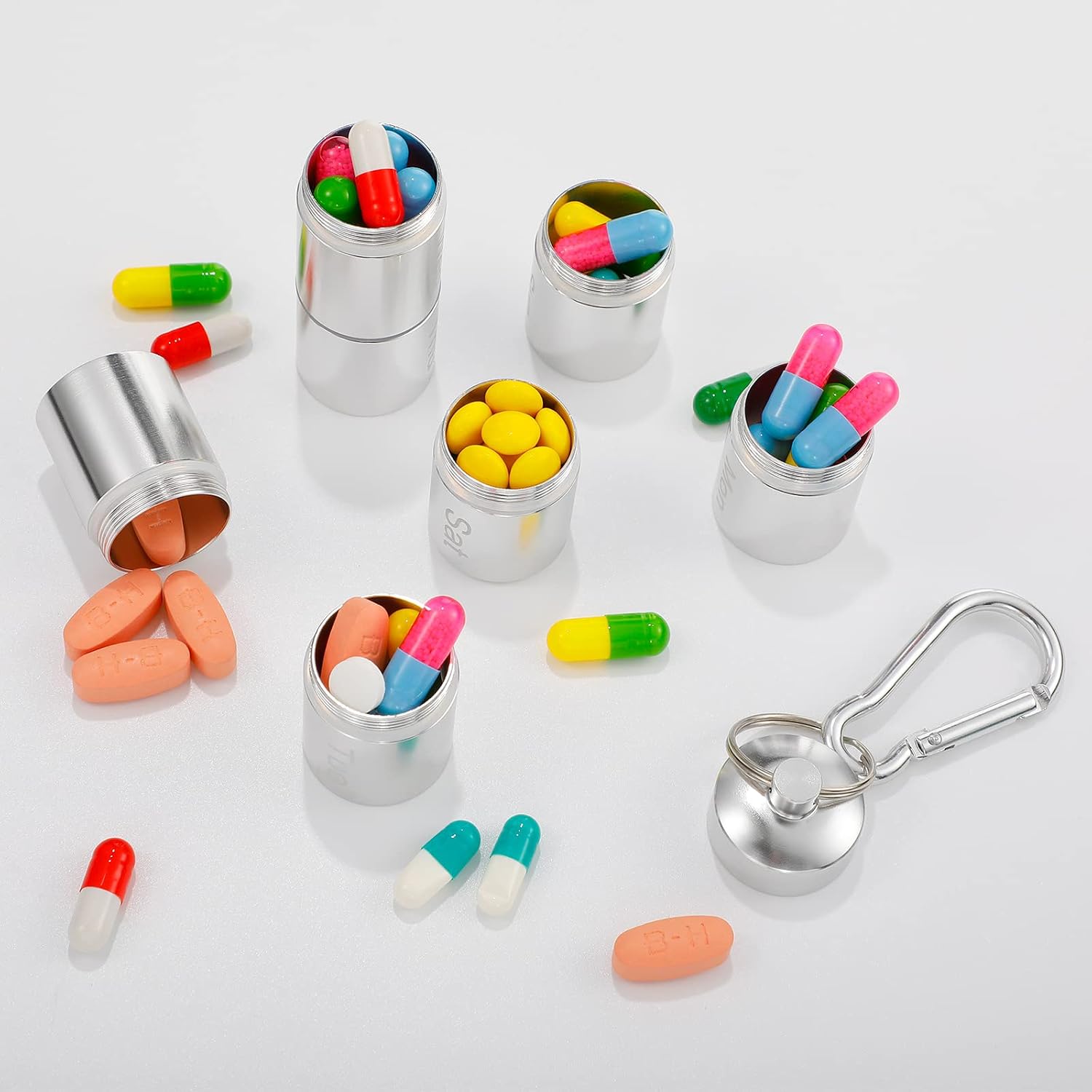 2 Pack Metal Weekly Pill Organizer Travel Pill Container with Keychain 7 Day Weekly Waterproof Small Capsules Holder