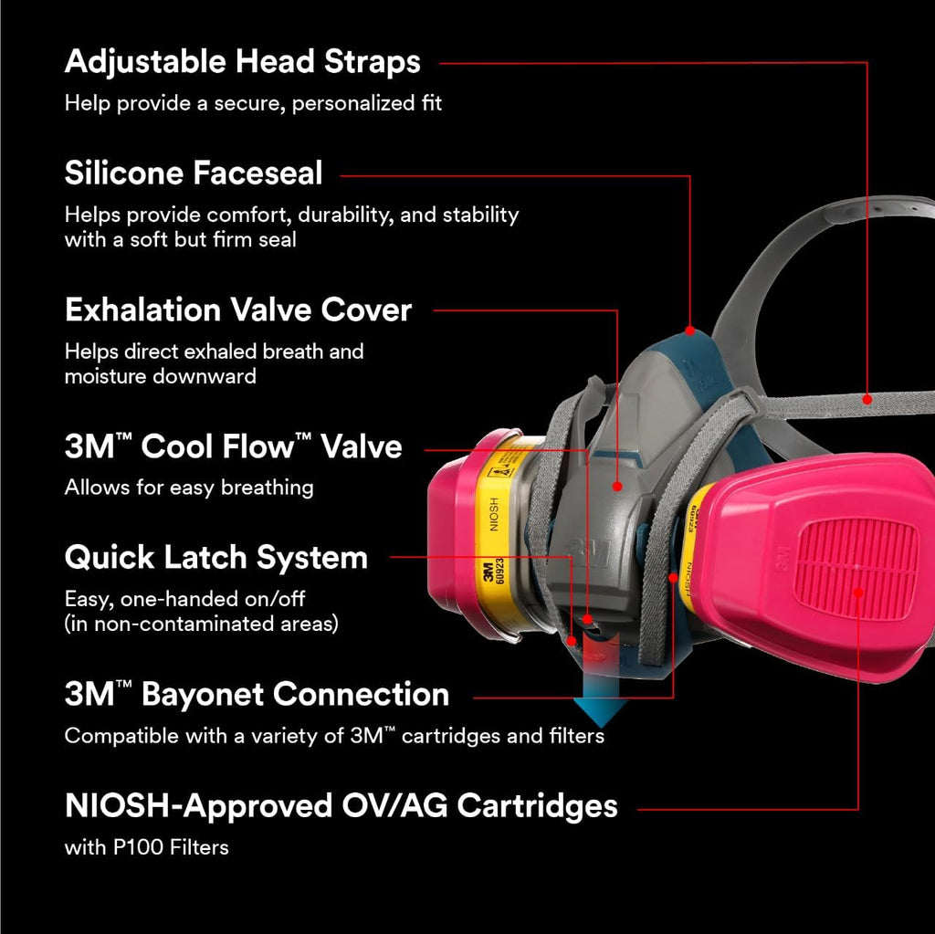 3M Multi-Purpose Quick Latch Reusable Respirator 65023QLH1-DC, OV/AG/P100, Mdm, 1-Fcpc, 1-pr of 60923 Crtrdg/Fltrs