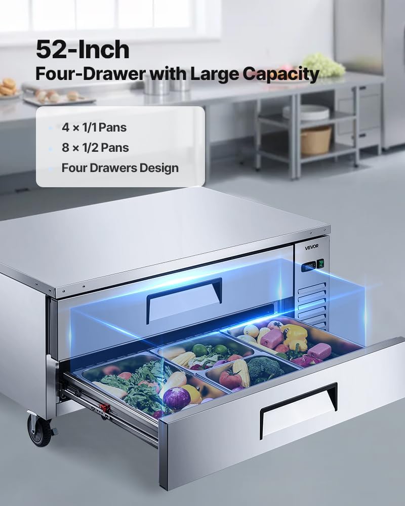Chef Base Refrigerator, 52" W Commercial Chef Bases Worktop Refrigerators, 2-Drawer Under Counter Fridge with 8 Pans