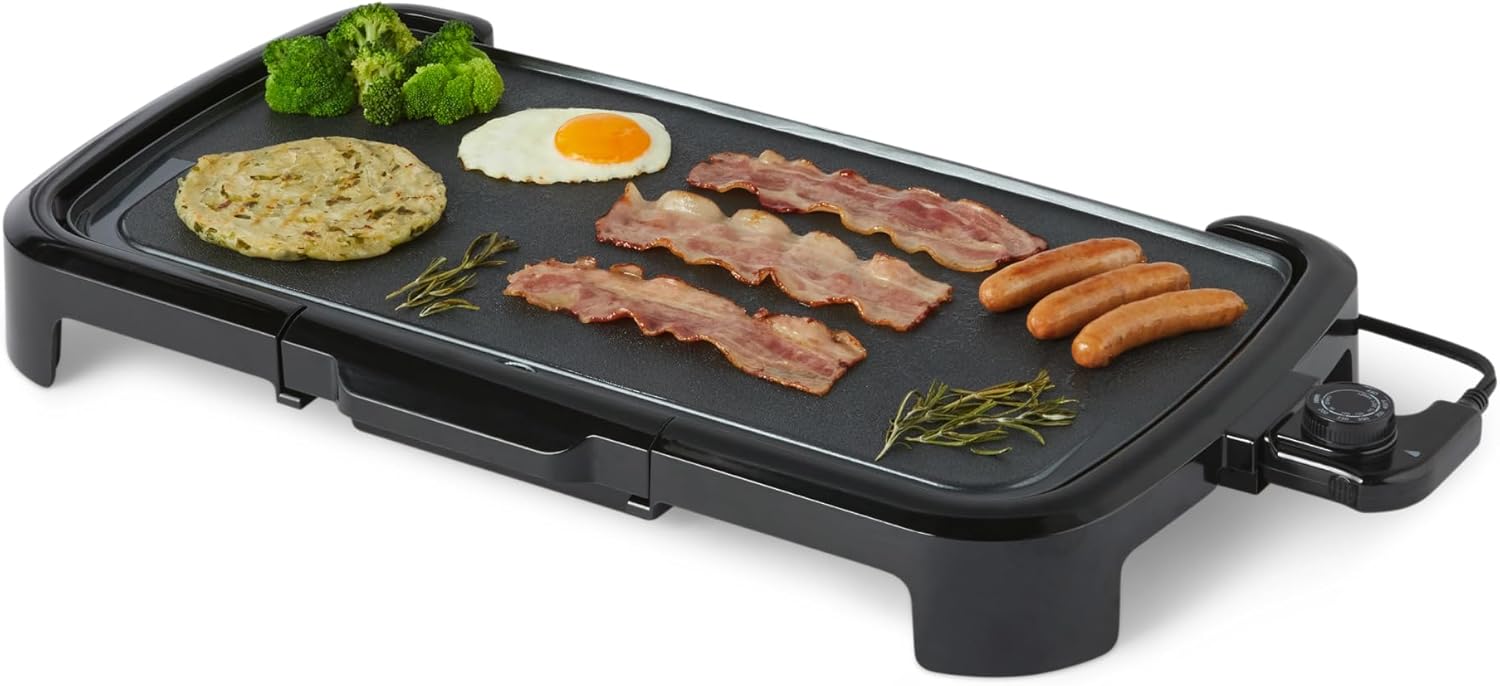 Electric Griddle with Nonstick Ceramic Coating, Adjustable Temperature, Detachable Dishwasher Safe Plate, Drip Tray