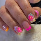 6 Packs (144 Pcs) Press on Nails Square - Short, Medium Nails Press ons - French Tip Fake Nails with Flower Design