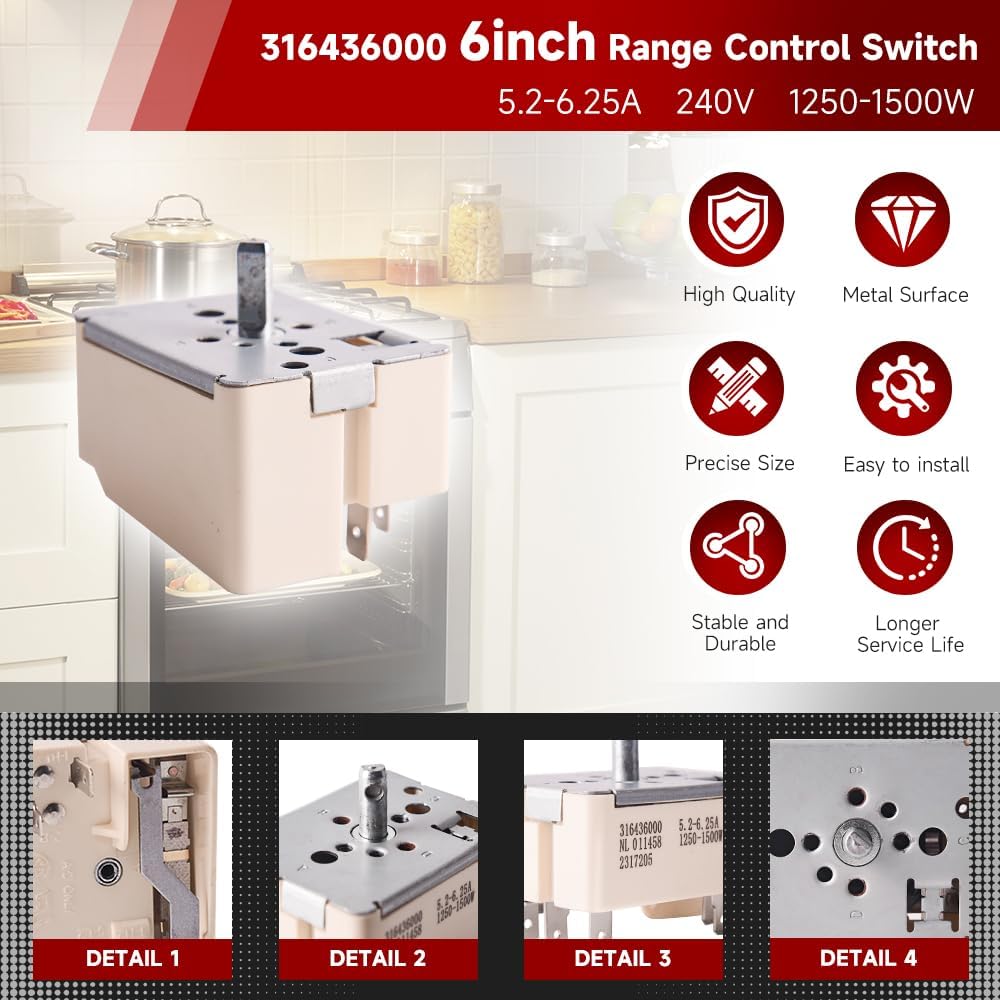 316436000 6" Burner Infinite Switch Replacement for Frigidaire Electrolux Range Compatible with 316021500 1155394 AP3890378 Easy Install Durable Precise Control