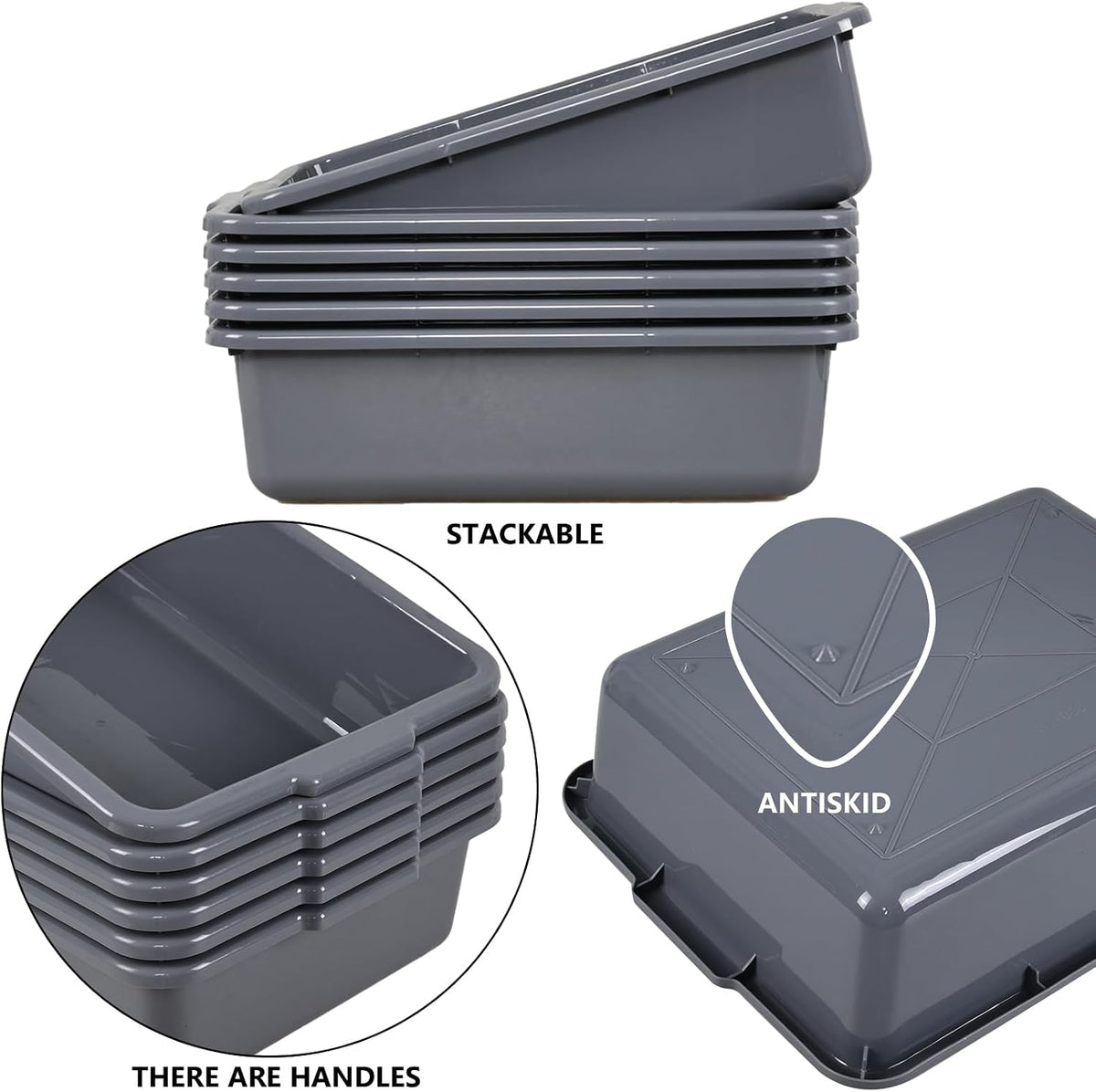 Commercial Bus Tubs, 24 L Plastic Utility Tote Boxes, 6-Pack