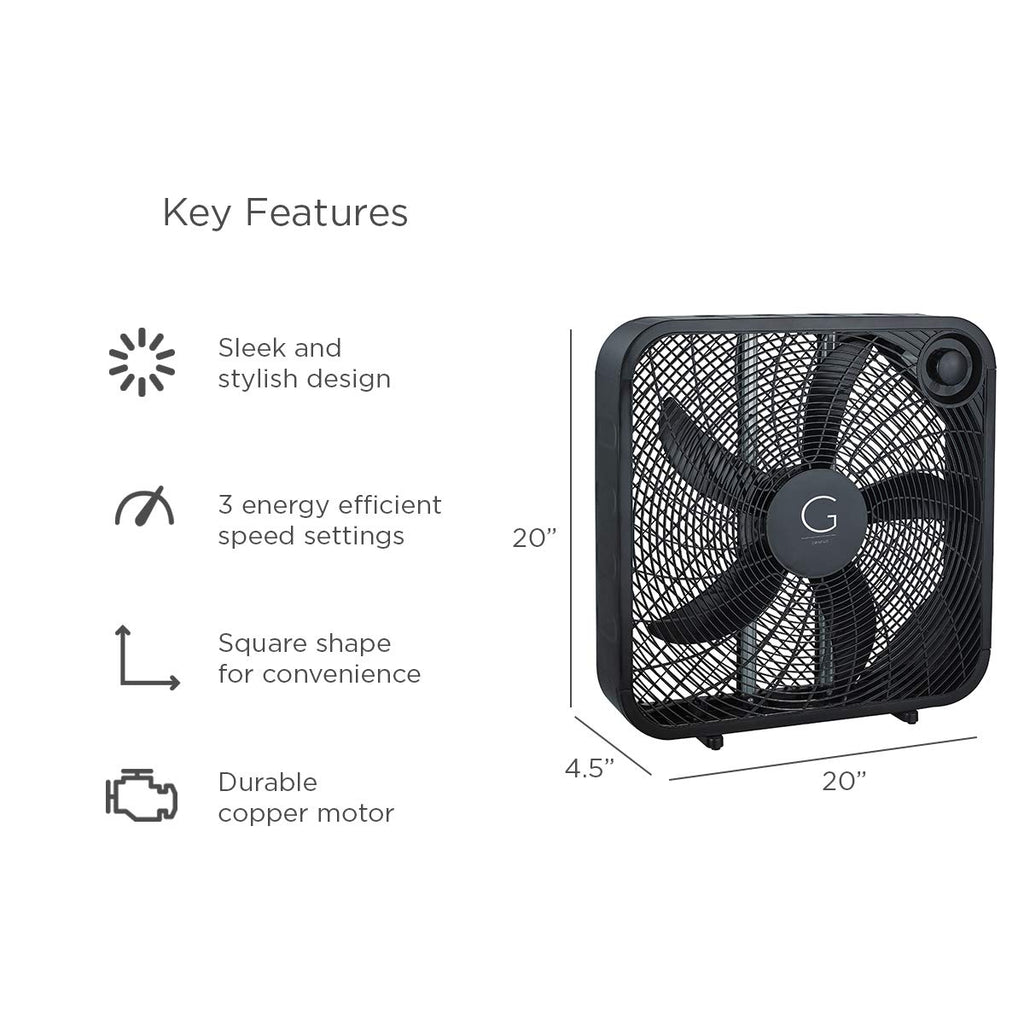 20" Box Fan, 3 Settings, Max Cooling Technology, Carry Handle, Black (G20BOX-BLK)