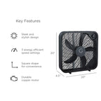 20" Box Fan, 3 Settings, Max Cooling Technology, Carry Handle, Black (G20BOX-BLK)