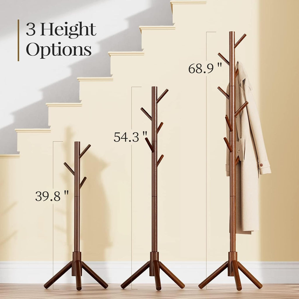 Solid Wooden Coat Rack Freestanding, Hall Tree with 8 Hooks, 3 Height Options for Coats, Hats, Handbags, and Scarves