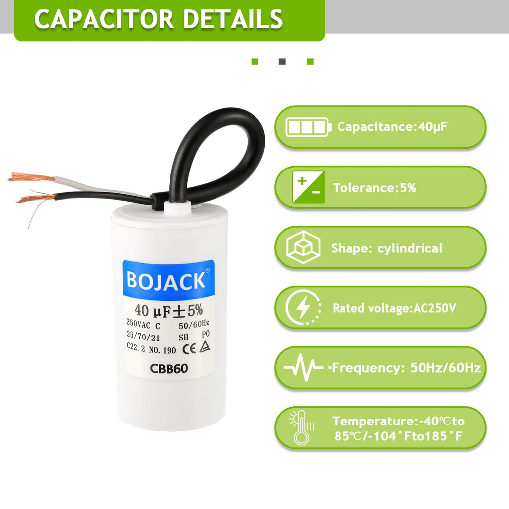 BOJACK Run Capacitor 40 uF MFD 250V AC 40 MFD CBB60 2 Wire 50/60Hz Cylinder Motor Run Capacitor for Motor Blower air Compressor and air Conditioner Compressor Replacement Part