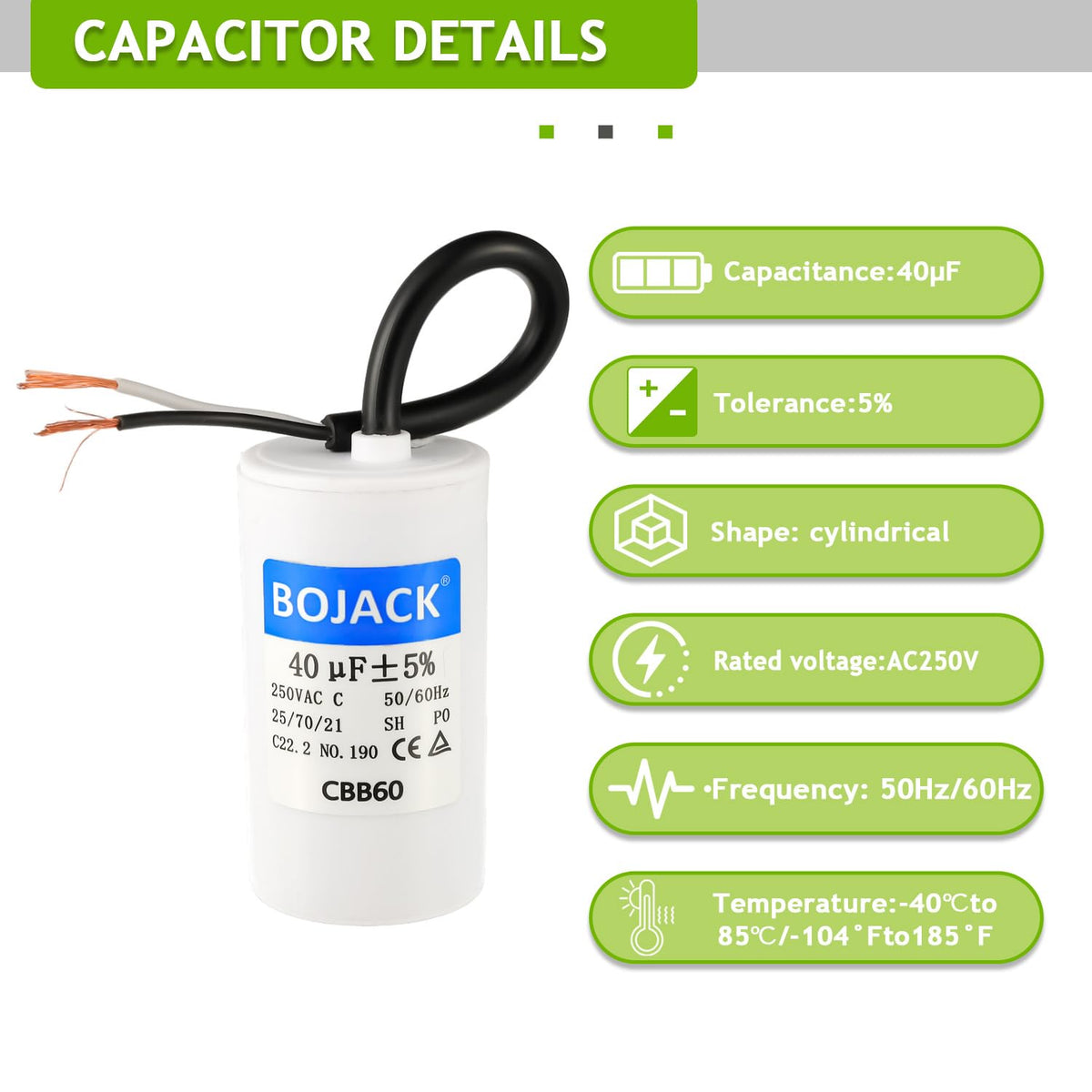 BOJACK Run Capacitor 40 uF MFD 250V AC 40 MFD CBB60 2 Wire 50/60Hz Cylinder Motor Run Capacitor for Motor Blower air Compressor and air Conditioner Compressor Replacement Part