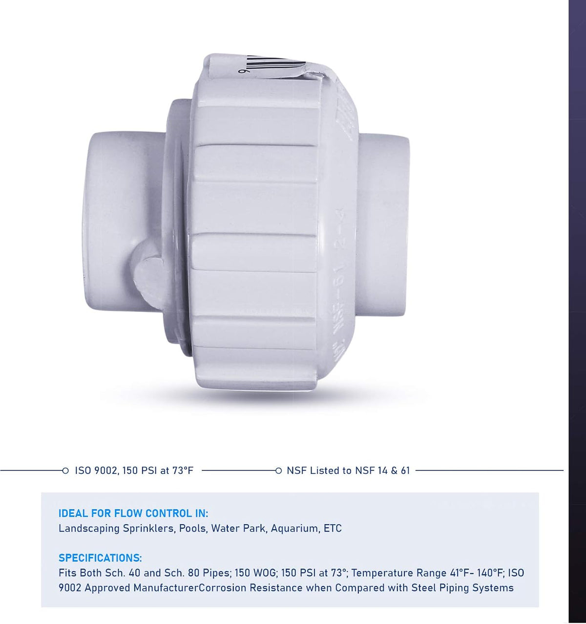 Midline Valve 597DV212 PVC Union Coupling Pipe Fitting 2-1/2'' Solvent Connections White Plastic