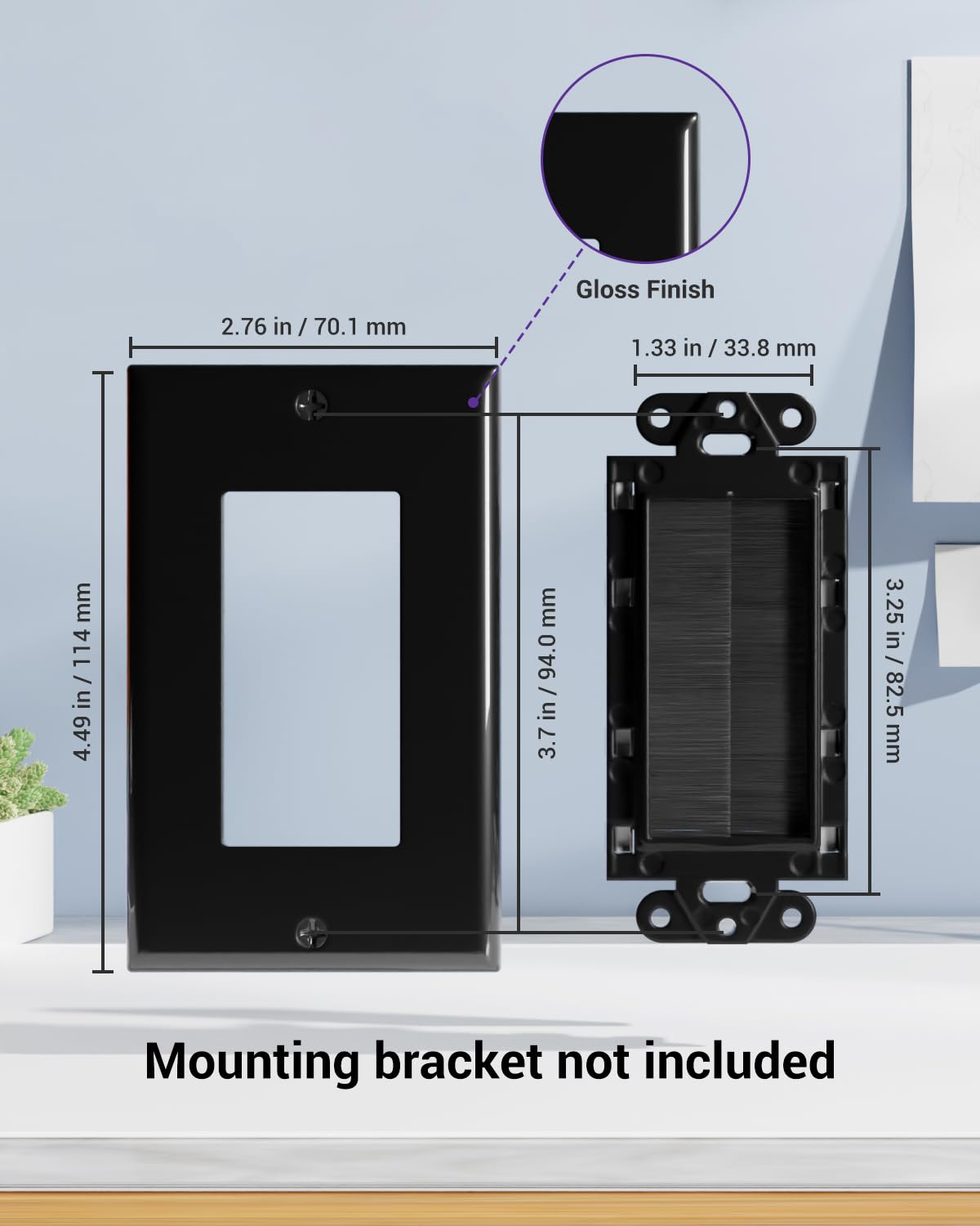 VCE Brush Wall Plate for Low Voltage Cables, Black, 2-Pack