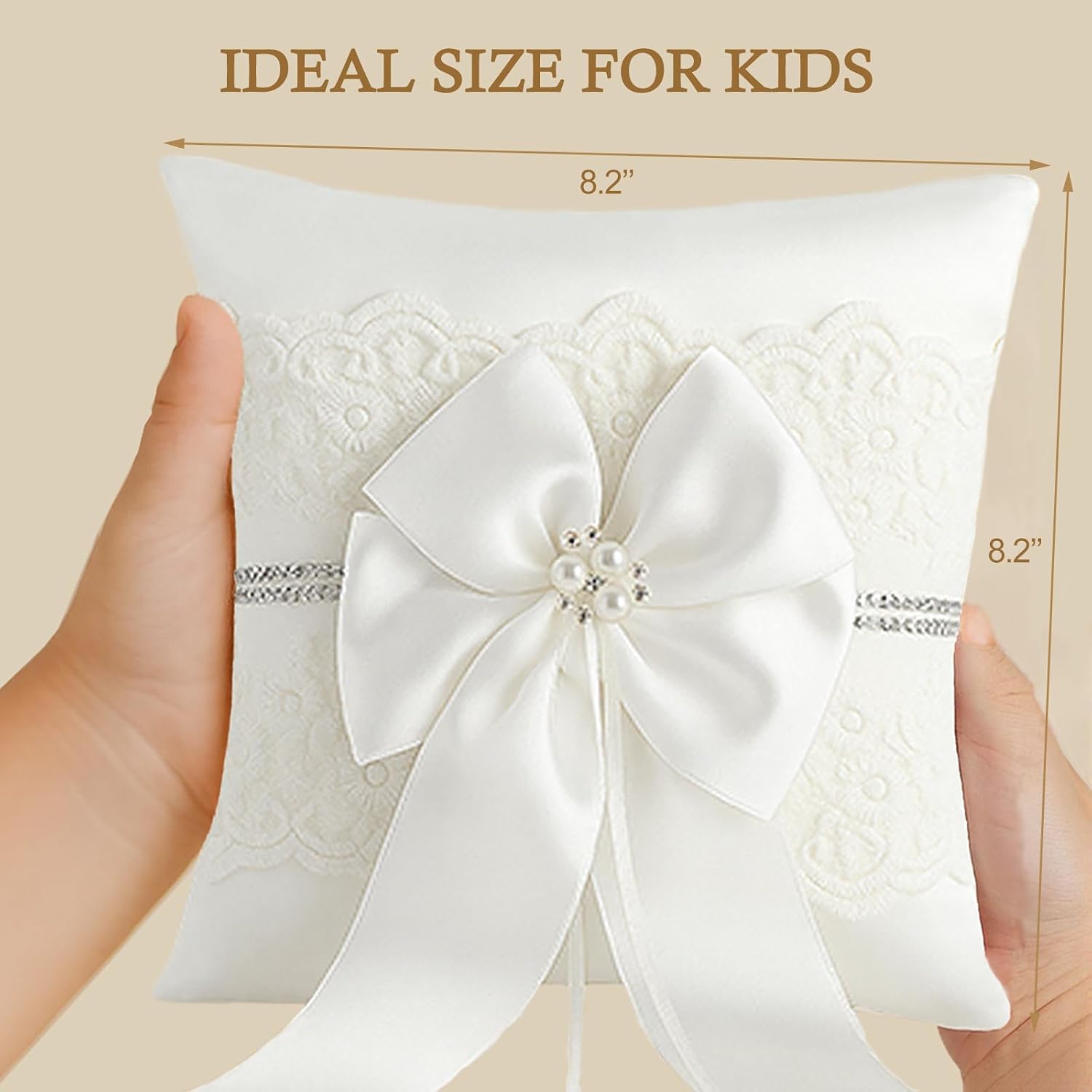 Wedding Ring Bearer Pillow: 8.2 x 8.2 Inch Ring Cushion with Lace & Pearl Bow – Ceremony Ring Holder for Flower Boy
