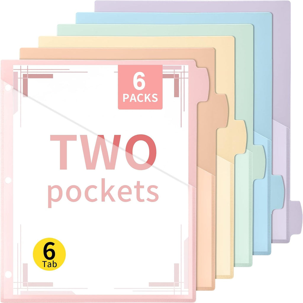6 Pcs Binder Dividers for 3 Rings Binders Index Dividers with Two Clear Pockets Plastics Sheets Protectors with Tab