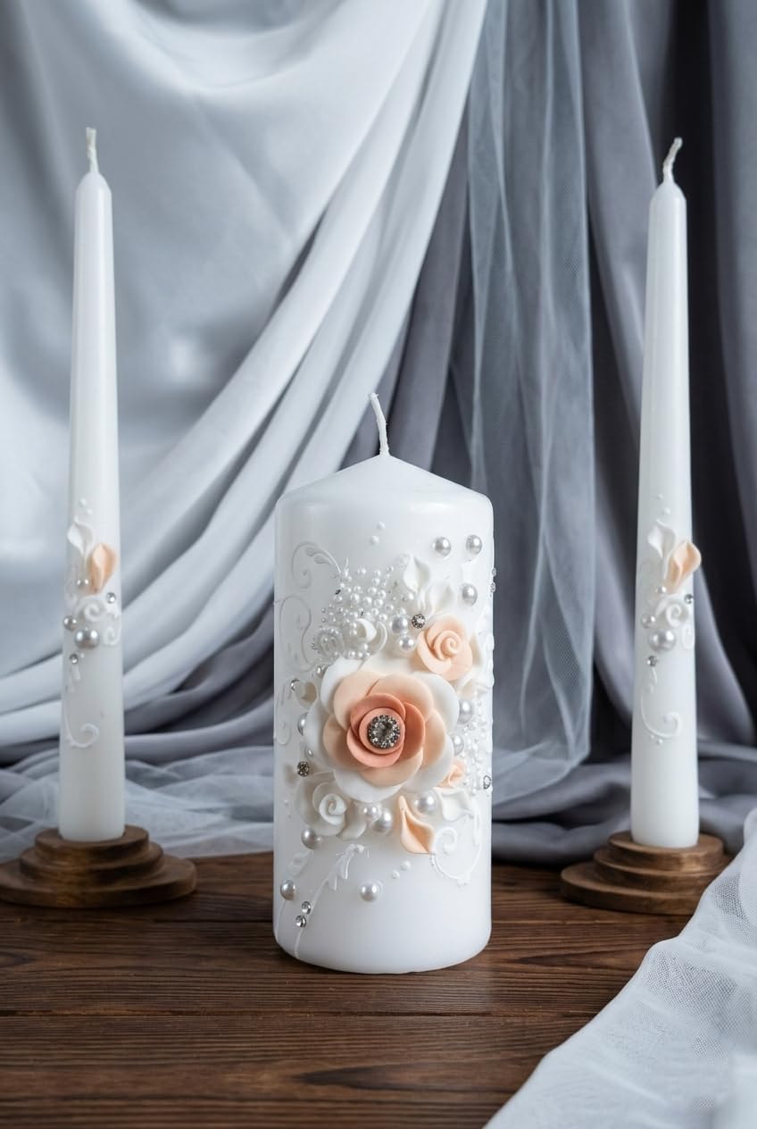 Blush Blossom Unity Candle Set for Wedding Ceremony, White & Blush Pink Handmade Wedding Candles, Unscented 6" Pillar