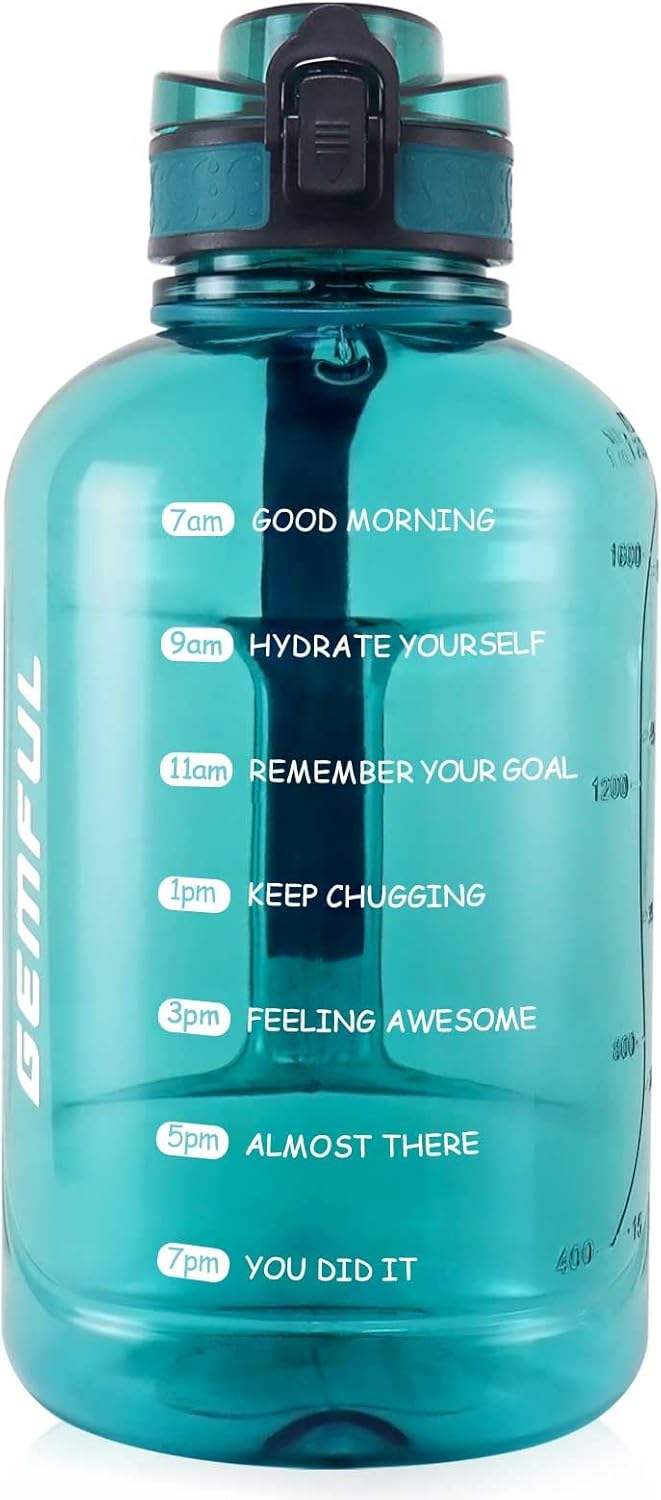 64oz Motivational Water Bottle 2 Liter Sports Jug for Gym (Cyan) | BPA-Free, 64oz Capacity, Time Marker Tracks Daily