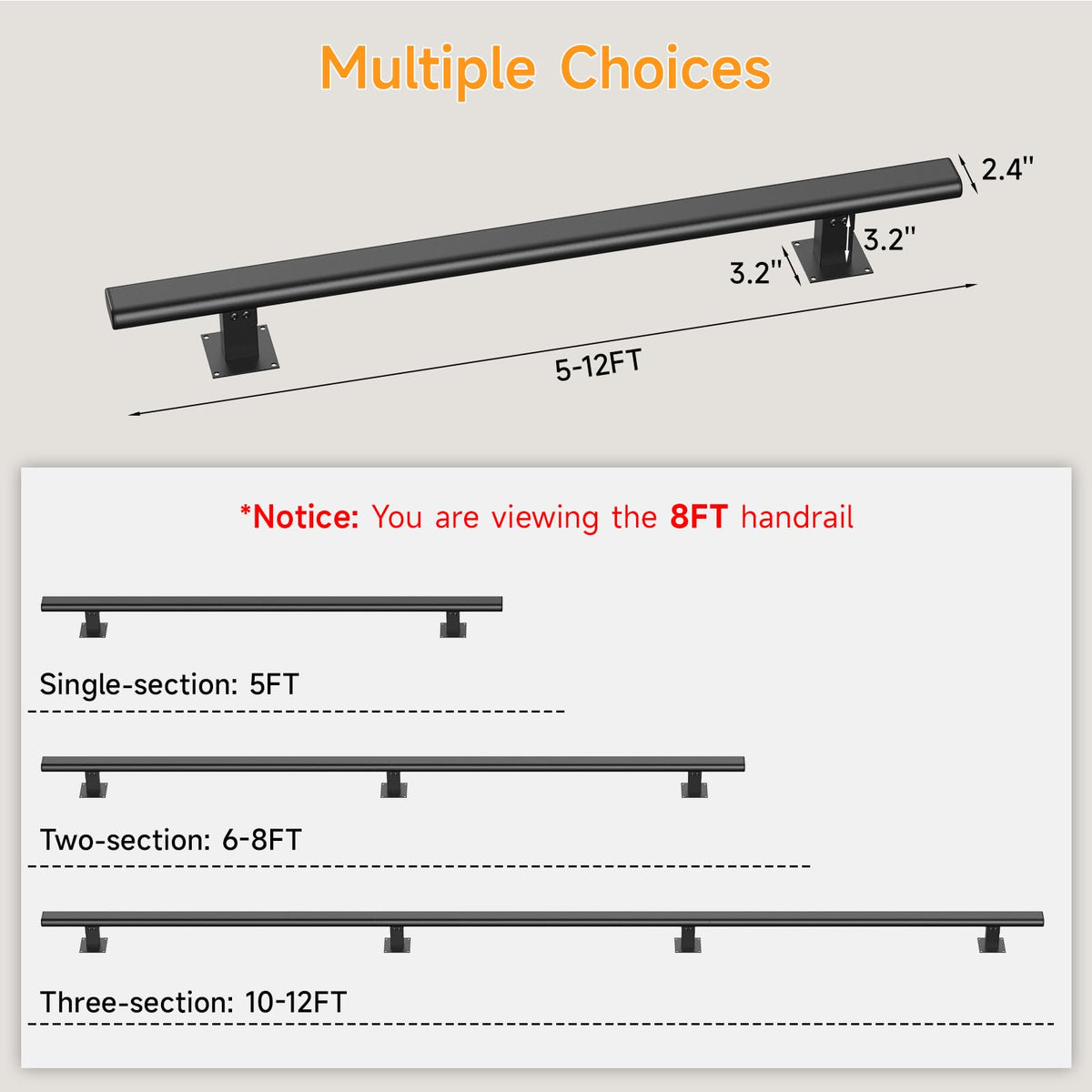 Stair Railing Indoor 5-12FT Hand Rails for Outdoor Steps