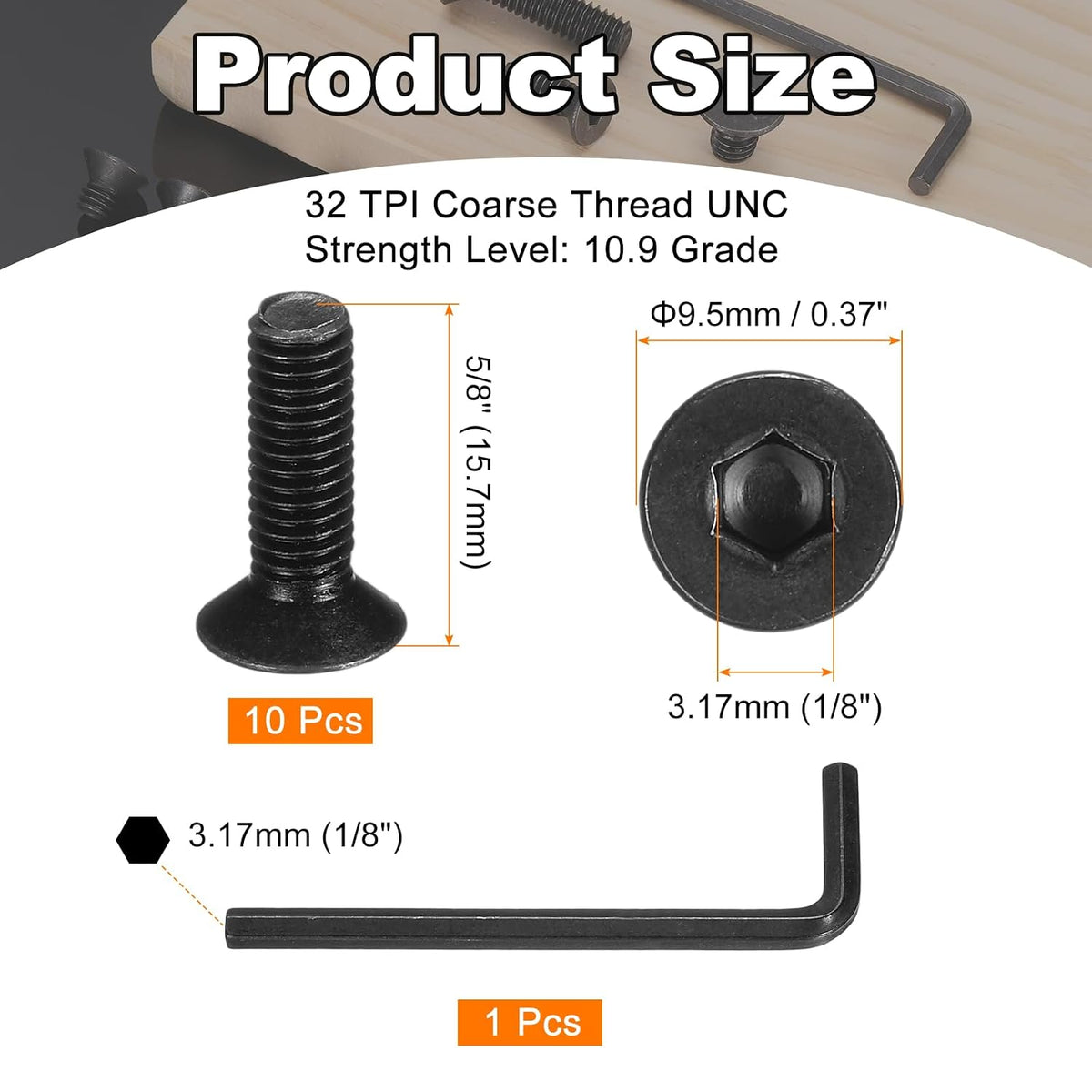 PATIKIL #10-32 x 5/8 Inch Flat Head Socket Cap Screws, 10 Pcs Flat Countersunk Bolts Hex Socket Drive Machine Screws Full Thread Coarse Thread UNC with Hex Spanner Black Oxide Grade 10.9