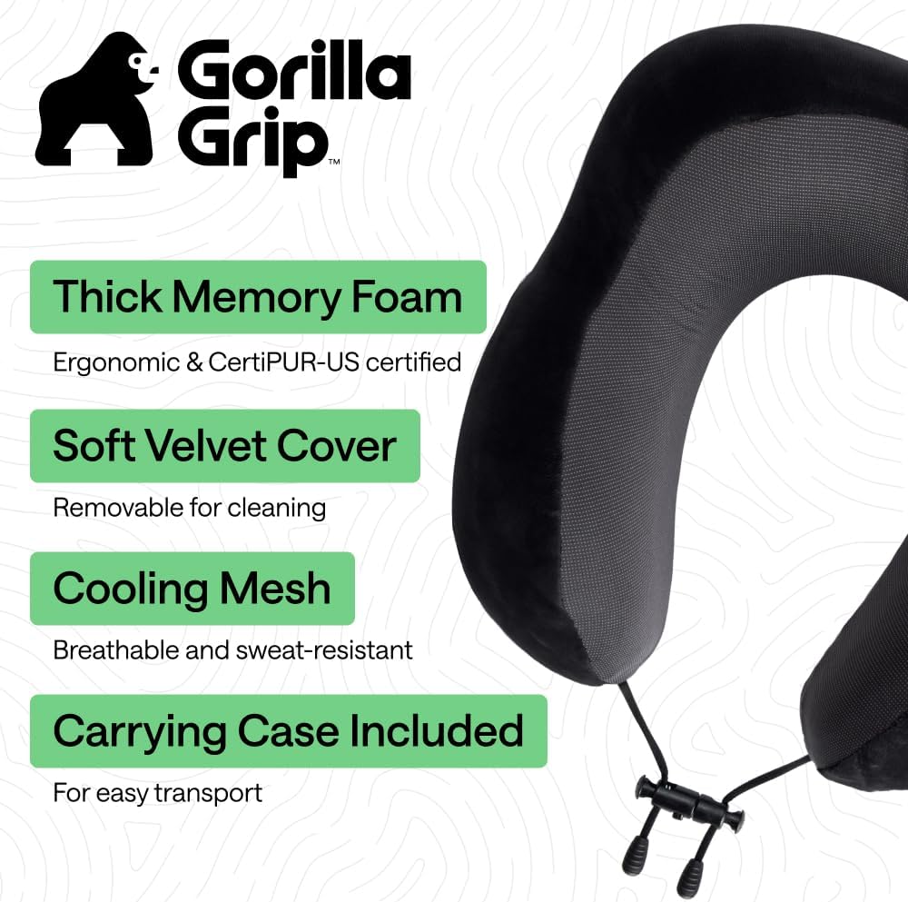 Travel Neck Pillow for Airplanes, CertiPUR-US Memory Foam Cooling Mesh Pillows, Soft Velvet Washable Cover, Support