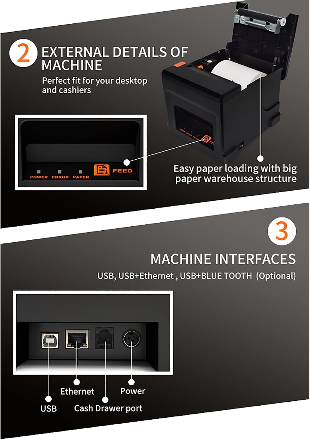 POS Thermal Printer, 80mm Thermal Receipt Printer with Auto Cutter, Sound and Light Alarm, USB+Network Interface
