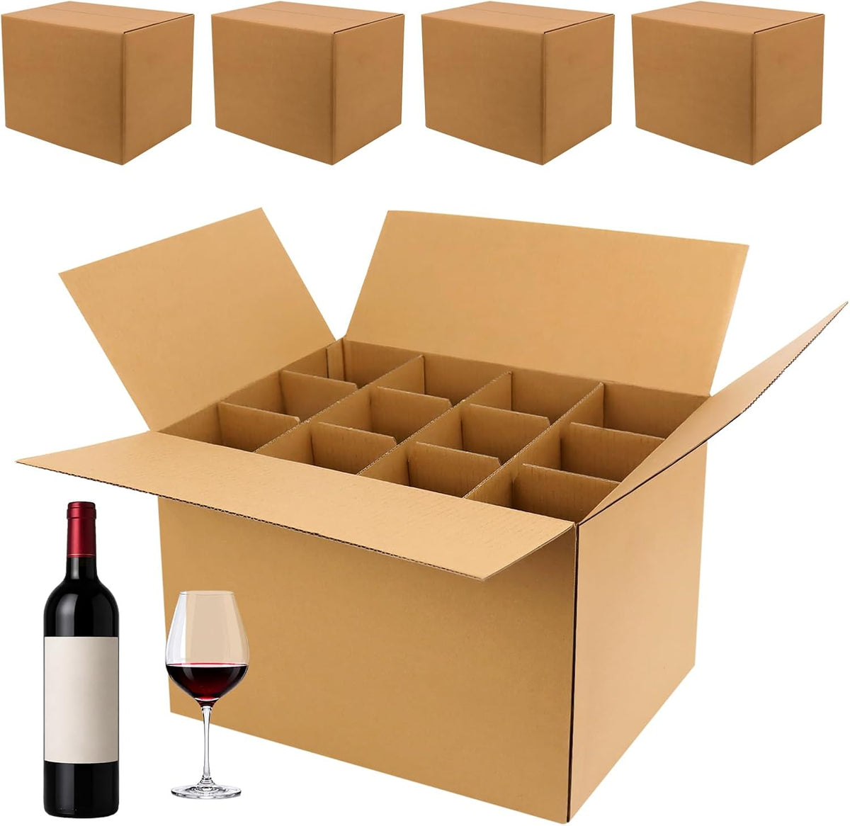 4 Set Moving Boxes with Glasses Divider Kits, Glass Packing Kit with 16x12x12 In Box, 3x4 Grid Corrugated Dividers