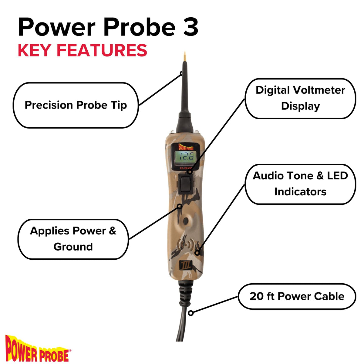 Power Probe 3 Circuit Tester, Supplies Power & Ground (PP3CSCAMO)