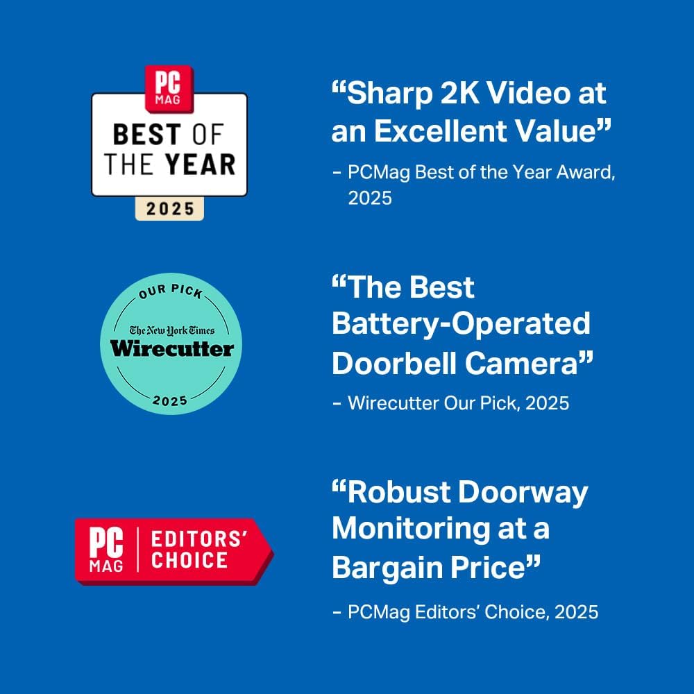 2K+ Wired or Battery Powered Smart Video Doorbell with Chime - 180° Field of View, Person/Vehicle/Package Detection