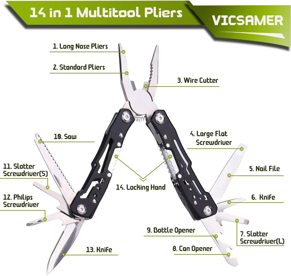 14 in 1 Multitool Pliers with Safety Lock, Professional Stainless Steel Pocket Knife, Portable Survival Gift for