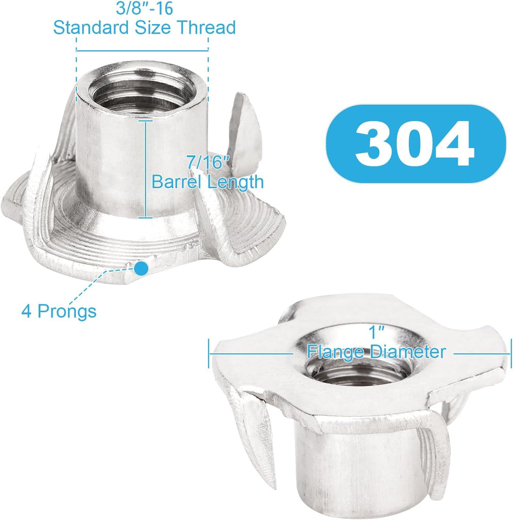 20pcs 3/8"-16 T-Nuts, 304 Stainless 7/16" Barrel Length