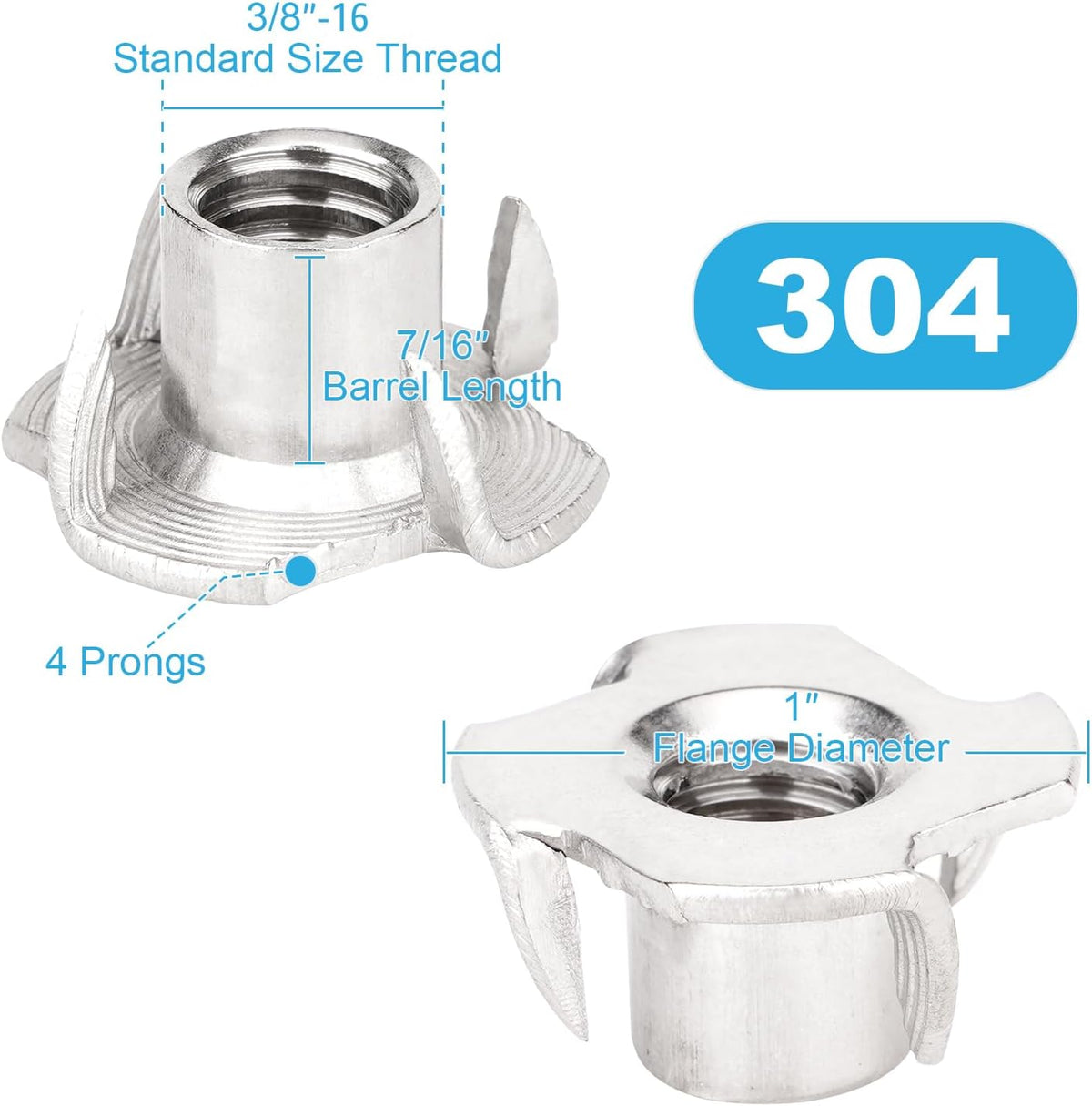 20pcs 3/8"-16 T-Nuts, 304 Stainless 7/16" Barrel Length