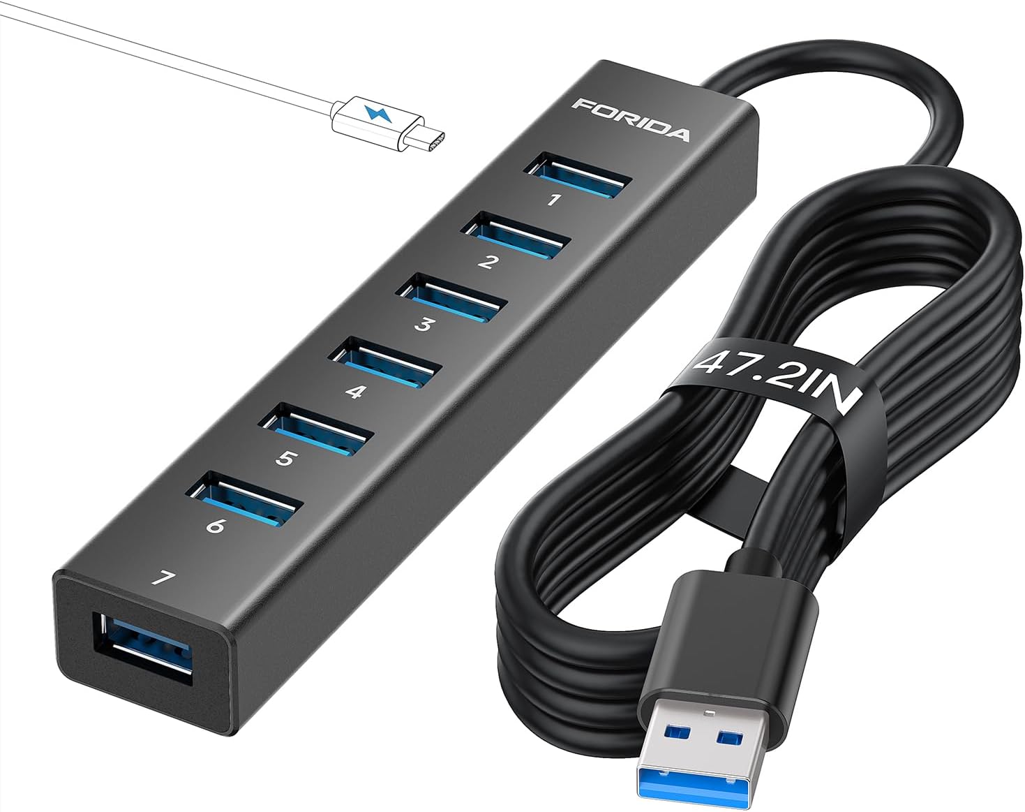 Aluminum Alloy 8 Port USB Hub Long Cable USB Splitter with 7-USB3.0 Data Ports and TypeC 5V/3A Power Port Compatible