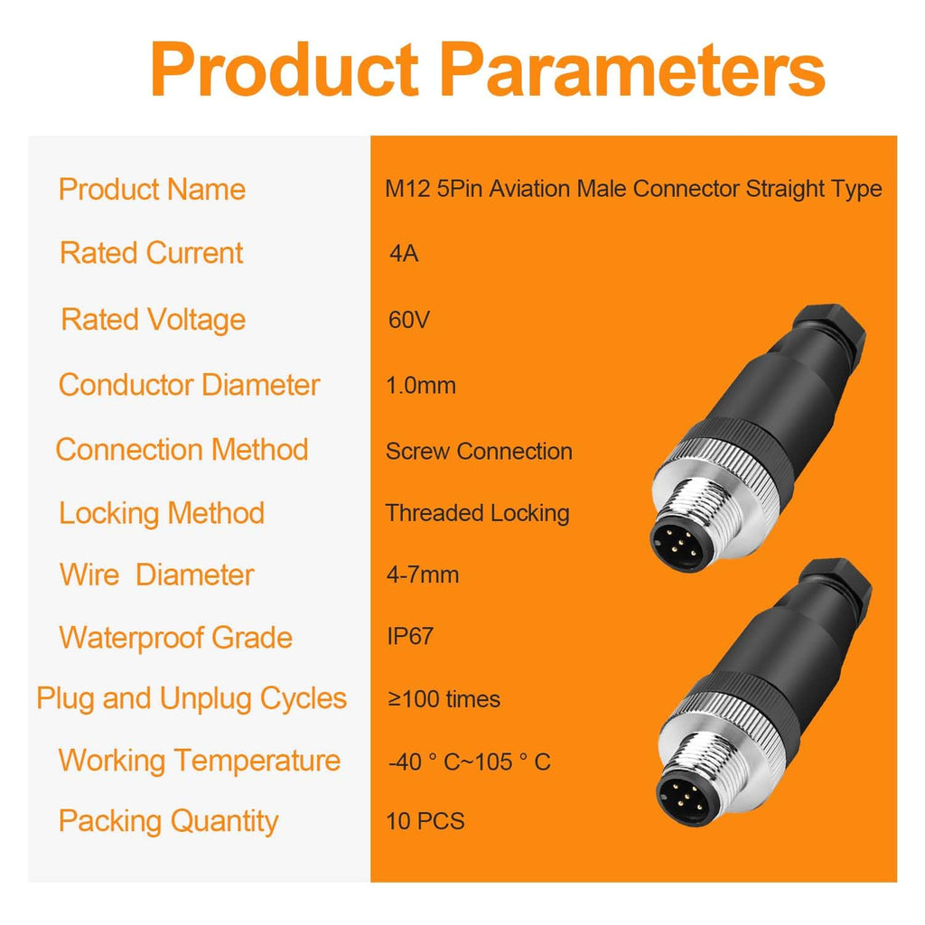 10Pcs M12 5-Pin Male Aviation Connector Industrial A-Code Plug Waterproof