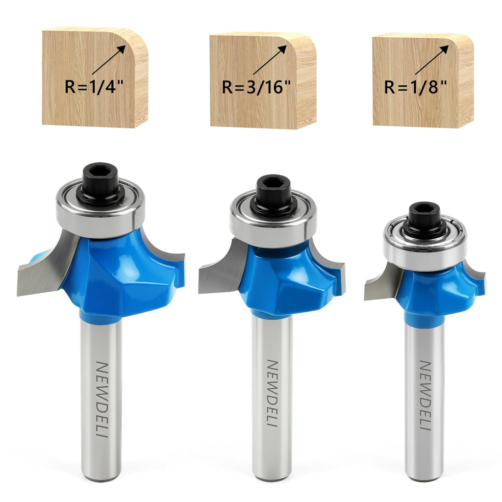 3Pcs Roundover Router Bit Set 1/4 Inch Shank, Carbide Round Over Router Bits for Edging Forming, Including 1/8"