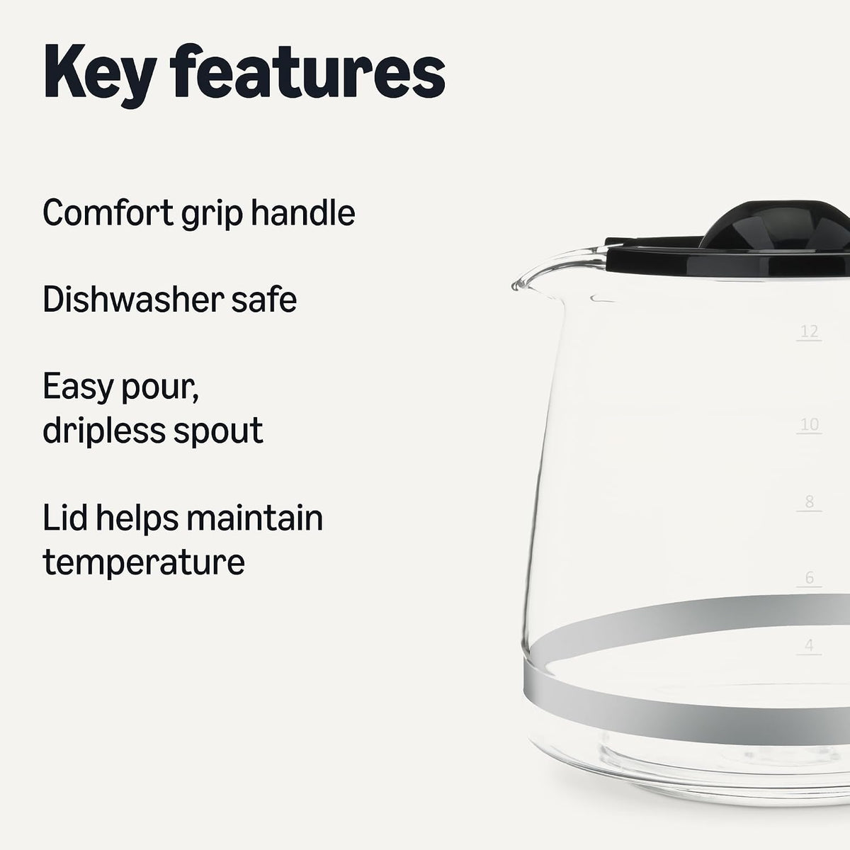 12-Cup Glass Replacement Carafe for Coffee Maker, Comfort-Grip Handle, Dripless Spout, Black，Only for B0D9QDMK9X