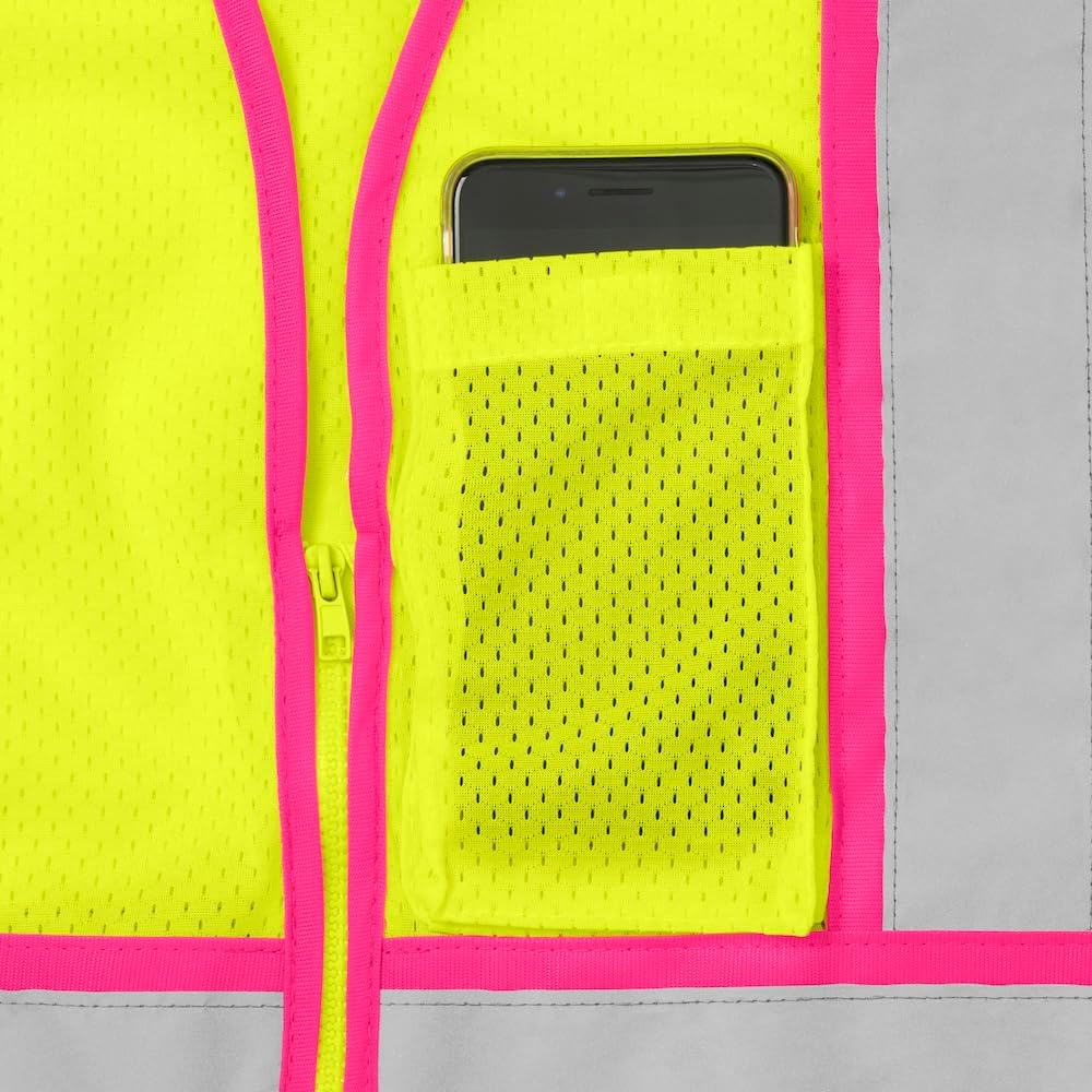 1284-LZ-PT-4-XL ANSI Class 2 Polyester Mesh SAFETY Vest with Zipper & 2" Silver Reflective Tape w/Pink Trim, Lime