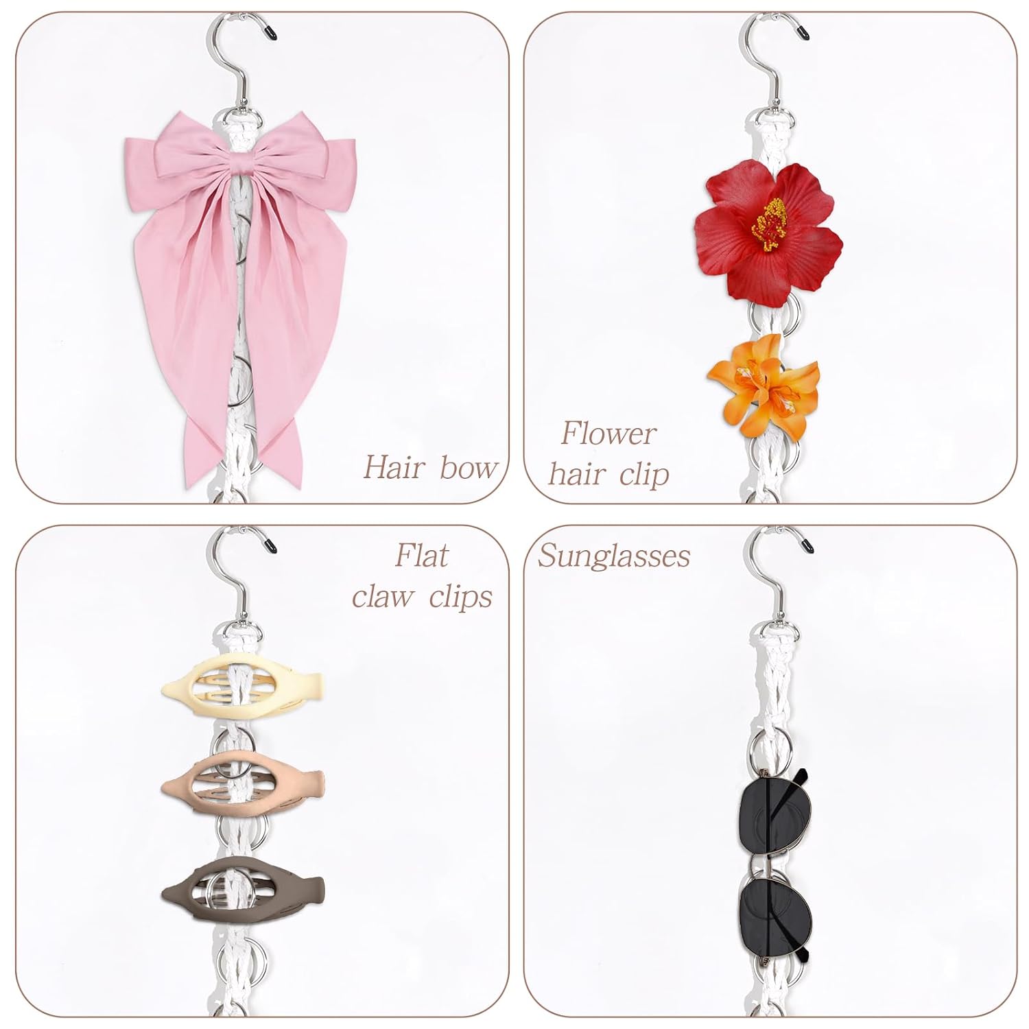 Macrame Hair Claw Clip Organizer with Rotating Hook and 20 Metal Rings,Hanging Hair Clip Holder and Storage for Women