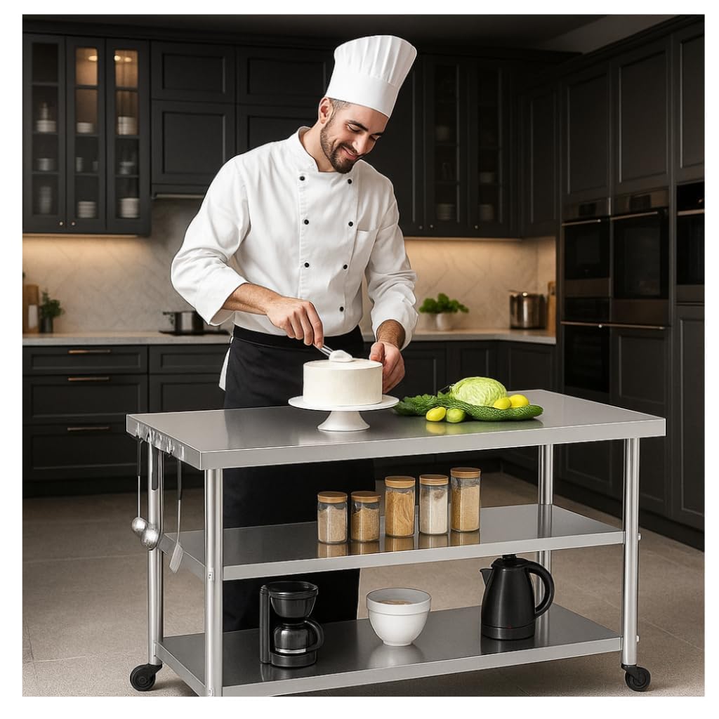Stainless Steel Table with Wheels for Food Preparation and Work, Multi-Size Optional, Three-Layer Variable Two-Layer