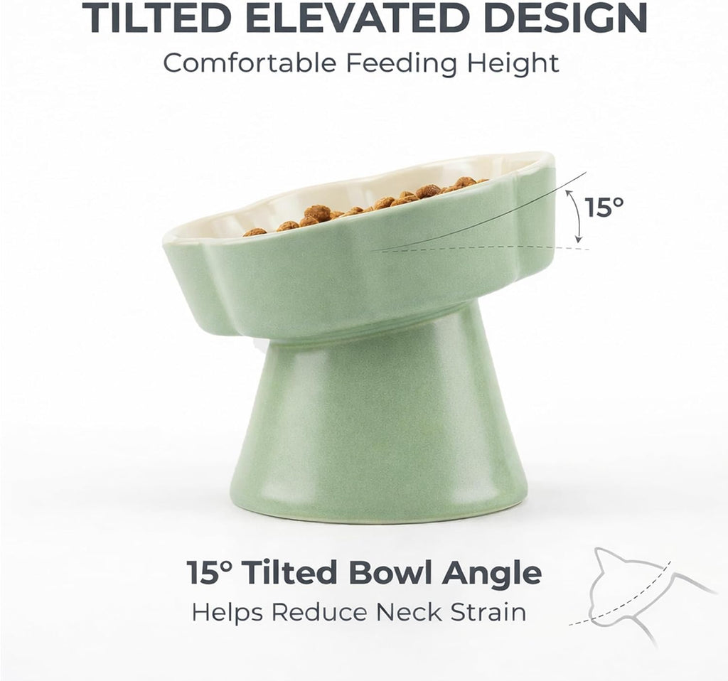 Ceramic Elevated Slow Feeder Cat Bowl, Raised and Gently Tilted Feeding Dish with Maze Design, Whisker-Friendly, Easy