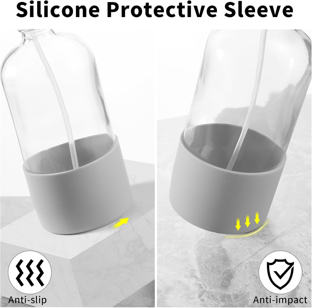 Glass Spray Bottles (2-Pack) with Silicone Sleeve - 16oz Empty Refillable Bottles - Adjustable Nozzle for Hair